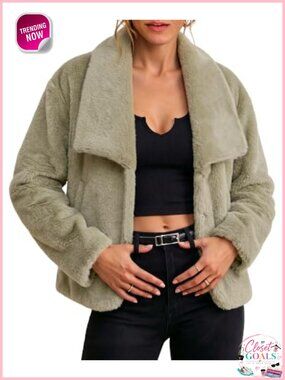 Faux Fur Jacket Wide Lapel Snap Button Side Pockets Winter Coat